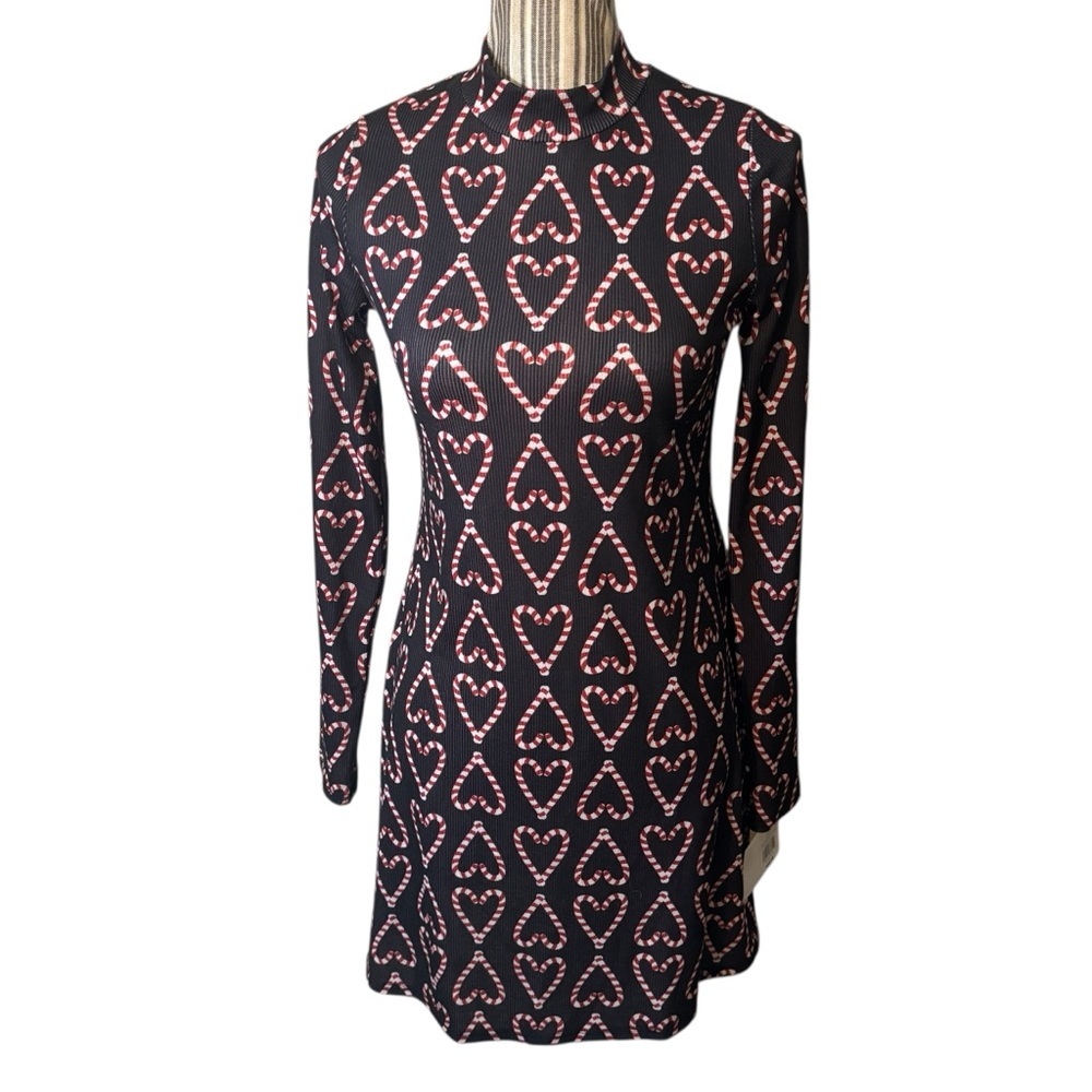 NWT Dress Small Target Black Mini Skater Heart Candy Cane pattern Ribbed Stretch